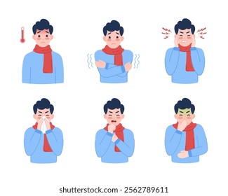 Flu symptoms. Man showing cold symptoms. Flu symptoms, fever, cough, chills, dizziness, nausea, runny nose, headache, sore throat, illness. Vector set for flu prevention poster.