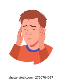 Síntomas de la gripe. Hombre mostrando síntomas de resfriado. Dolor de cabeza. Afiche de prevención de la gripe en el Vector