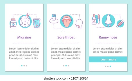 Flu symptoms onboarding mobile app page screen with linear concepts. Migraine, sore throat, runny nose steps graphic instructions. UX, UI, GUI vector template with illustrations