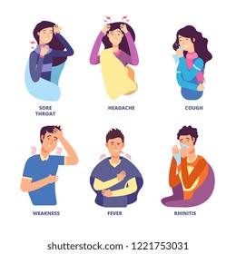 Flu Symptoms. People Demonstrating Cold Sickness. Fever Cough, Snot Chills, Dizziness. Vector Characters For Flu Prevention Poster