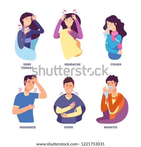 Flu symptoms. People demonstrating cold sickness. Fever cough, snot chills, dizziness. Vector characters for flu prevention poster