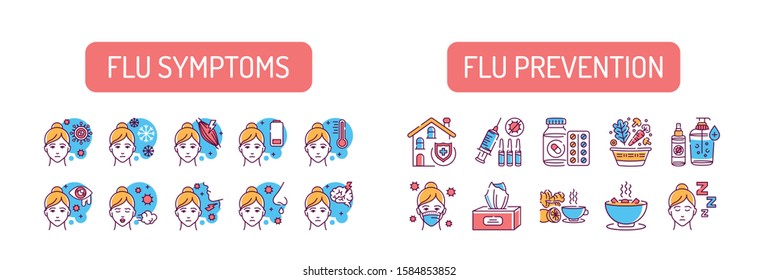 Flu symptoms and prevention color line icons set. Viral diseases, colds. Virus and illness prevention. Pictogram for web page, mobile app, promo. UI UX GUI design element. Editable stroke.