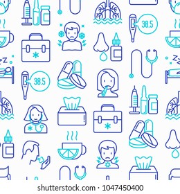 Flu and symptoms seamless pattern with thin line icons: temperature, chills, heat, runny nose, bed rest, pills, doctor with stethoscope, nasal drops, cough, phlegm in the lungs. Vector illustration.