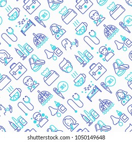 Flu and symptoms seamless pattern with thin line icons: temperature, chills, heat, runny nose, bed rest, doctor with stethoscope, nasal drops, cough, phlegm in the lungs. Modern vector illustration.