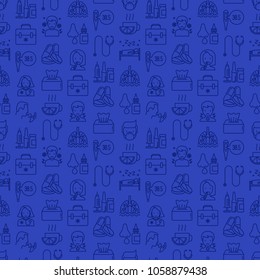 Flu and symptoms seamless pattern with thin line icons: temperature, chills, heat, runny nose, doctor with stethoscope, nasal drops, cough, phlegm in the lungs. Modern vector illustration.