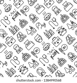 Flu and symptoms seamless pattern with thin line icons: temperature, chills, heat, runny nose, bed rest, pills, doctor with stethoscope, nasal drops, cough, phlegm in the lungs. Vector illustration.