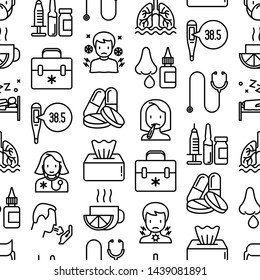 Flu and symptoms seamless pattern with thin line icons: temperature, chills, heat, runny nose, bed rest, pills, doctor with stethoscope, nasal drops, cough, phlegm in the lungs. Vector illustration.