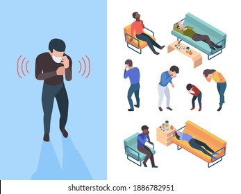 Flu symptoms. Sick people bacteria sneezing coughing garish vector characters isometric