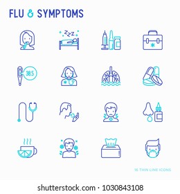 Flu and symptoms thin line icons set: temperature, chills, heat, runny nose, bed rest, pills, doctor with stethoscope, nasal drops, cough, phlegm in the lungs. Modern vector illustration.