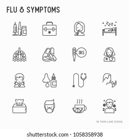 Flu and symptoms thin line icons set: temperature, chills, heat, runny nose, doctor with stethoscope, nasal drops, cough, phlegm in the lungs. Modern vector illustration.