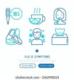 Flu and symptoms thin line icons set: thermometer, temperature, chills, tea with lemon, pills, tissue. Modern vector illustration.