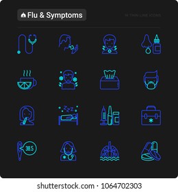 Flu and symptoms thin line icons set: temperature, chills, heat, runny nose, doctor with stethoscope, nasal drops, cough, phlegm in the lungs. Modern vector illustration for black theme.