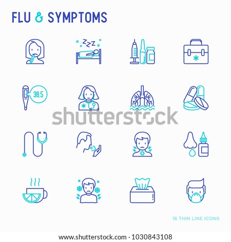 Flu and symptoms thin line icons set: temperature, chills, heat, runny nose, bed rest, pills, doctor with stethoscope, nasal drops, cough, phlegm in the lungs. Modern vector illustration.