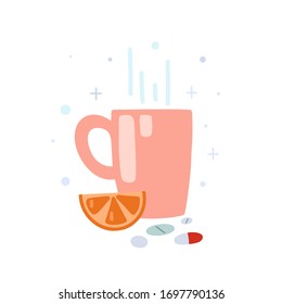 Flu treatment at home. Flat illustration of a cup, pills, lemon slice on a white background. Colds and therapy. Vector picture for postcards, banners and your creativity.