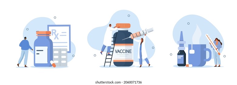 Flu treatment illustration set. Doctor preparing vaccine for vaccination program. People receiving treatment and medicaments against influenza and other viruses. Vector illustration.
