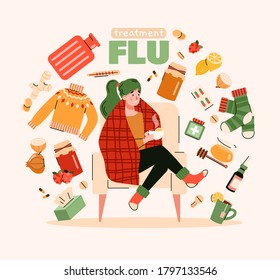Flu treatment poster with sick person and natural home remedy objects floating around. Cartoon woman with disease symptoms and health products, vector illustration.
