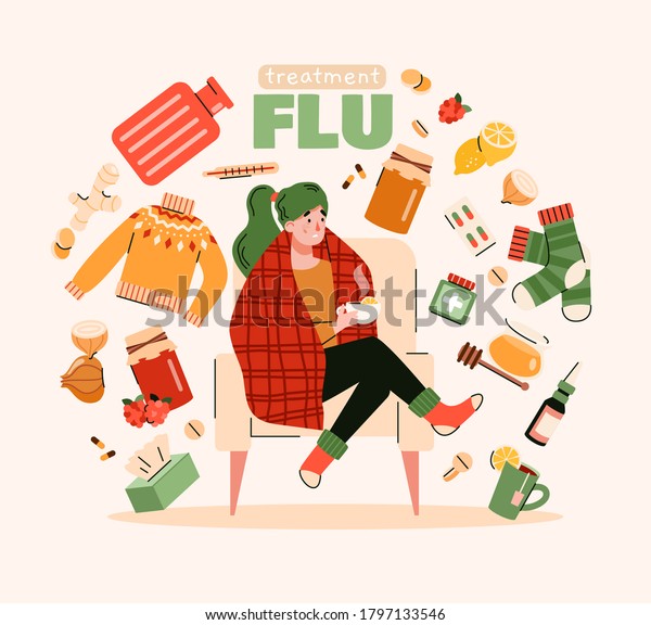 Flu treatment poster with\
sick person and natural home remedy objects floating around.\
Cartoon woman with disease symptoms and health products, vector\
illustration.