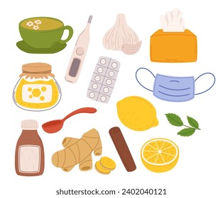 Flu Treatment Set. Comforting Tea, Tissues, Lemon, Honey, Thermometer, And Medication. Mask, Ginger, Syrup Bottle and Cinnamon Stick Complete Remedy For A Speedy Recovery. Cartoon Vector Illustration