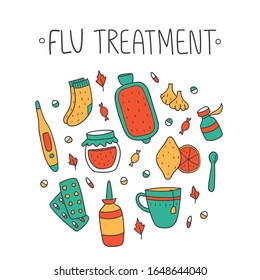 Flu treatment set with garlic, cup, lemon, thermometer, socks, nasal spray, pills and other things. Vector illustration for flu design concept. Cute illustration in doodle childish style