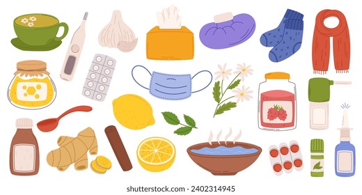 Flu Treatment Set Includes Tissues, Throat Lozenges, Hot Tea, Thermometer, And Over-the-counter Medicine. Honey and Raspberry Jam, Warmer, Socks, Scarf and Lemon, Ginger. Cartoon Vector Illustration