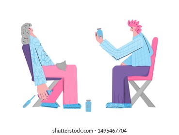 Flu treatment. Young female character sitting on the chair with running nose and pills. Vector flat illustartion.