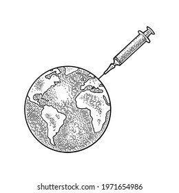 Flu vaccination to a earth planet globe. Engraving vintage vector black illustration isolated on white. Hand drawn design element for poster pandemic COVID-19