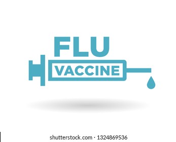 Flu Vaccine Health Icon Badge With Blue Syringe Sign. Medical Influenza Vaccination Treatment Symbol. Vector Illustration.