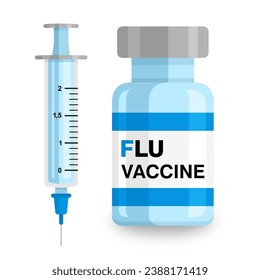 Flu Vaccine vial and syringe. Vaccination concept medical and pharmacy vector illustration.