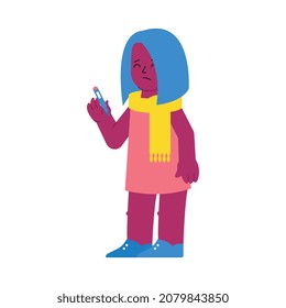 Enfermedades víricas gripales Composición plana con carácter doodle niña enferma con ilustración vectorial electrónica termómetro