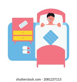 Flu viral diseases flat composition with doodle style character of male patient lying in bed with thermometer and pills vector illustration