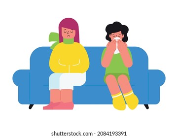 Flu viral diseases flat composition with doodle style characters of sick girls sitting on sofa vector illustration