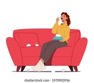 Flu and Viral Infection Sickness Concept. Diseased Woman Sneezing with Wipes around. Female Character Coughing Having Cold or Coronavirus Symptom, Medicine and Illness. Cartoon Vector Illustration