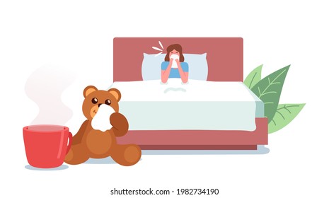 Flu and Viral Infection Sickness Concept. Diseased Woman Sneezing with Wipe. Female Character Coughing Having Cold Symptom, Medicine and Illness, Sick Leave Concept. Cartoon Vector Illustration