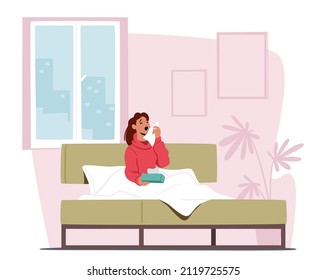 Flu and Viral Infection Sickness Concept. Diseased Woman Sneezing with Wipes Sitting on Bed at Home. Female Character Coughing Having Cold or Coronavirus Illness Symptoms. Cartoon Vector Illustration