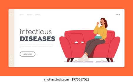 Flu and Viral Infection Sickness Landing Page Template. Diseased Woman Sneezing. Female Character Coughing Having Cold or Coronavirus Symptom, Medicine and Illness. Cartoon Vector Illustration