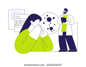Flu virus abstract concept vector illustration. Woman with runny nose at family doctors appointment, primary care physician, influenza virus, infectious and respiratory disease abstract metaphor.