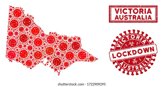 Grippevirus Collage Australian Victoria Karte und Briefmarken. Rotes abgerundetes, abgerundetes versenktes Siegel. Teile von Vektorcoronavirus-Infektionen werden in die Collage Australian Victoria Karte gruppiert.