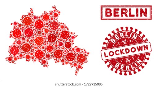 Flu virus collage Berlin City map and stamps. Red rounded lockdown grunge seal stamp. Vector covid pathogen items are arranged into collage Berlin City map. Vector collage for safety,