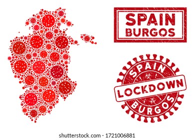 Flu virus collage Burgos Province map and seal stamps. Red rounded lockdown grunge seal. Vector covid viral icons are composed into collage Burgos Province map. Vector combination for quarantine,