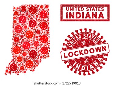 Collage del virus de la gripe, mapa del estado de Indiana y láminas de goma. Sello rojo redondeado con cierre grueso. Los elementos patógenos del coronavirus vectorial se componen en el mapa del estado de Indiana. Colección de vectores para la atención de la salud,