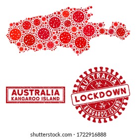 Flu virus collage Kangaroo Island map and seals. Red round lockdown distress stamp. Vector covid pathogen parts are organized into collage Kangaroo Island map. Vector collage for outbreak,