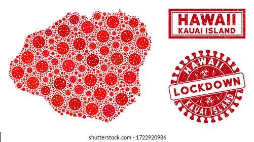 Flu virus collage Kauai Island map and seal stamps. Red round lockdown scratched seal stamp. Vector coronavirus infection elements are composed into illustration Kauai Island map.