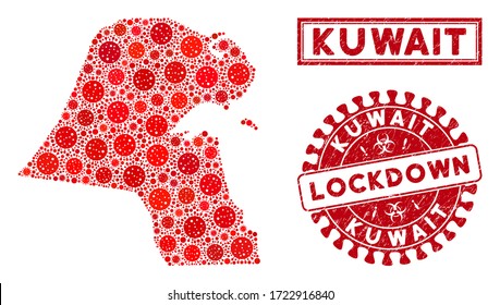 Flu virus collage Kuwait map and rubber prints. Red rounded lockdown distress seal stamp. Vector coronavirus infection elements are united into composition Kuwait map. Vector collage for lockdown,