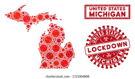Flu virus collage Michigan State map and seal stamps. Red round lockdown scratched seal stamp. Vector coronavirus viral icons are arranged into collage Michigan State map. Vector collage for safety,