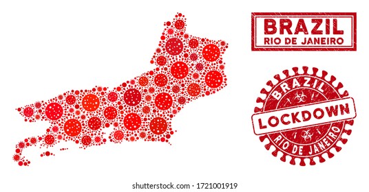 Flu virus collage Rio de Janeiro State map and seal stamps. Red rounded lockdown scratched watermark. Vector coronavirus pathogen parts are united into illustration Rio de Janeiro State map.