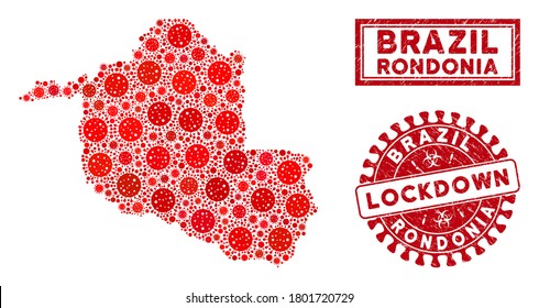 Flu virus collage Rondonia State map and stamps. Red rounded lockdown textured seal. Vector covid viral icons are composed into collage Rondonia State map. Vector collage for epidemic,