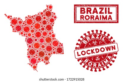 Flu virus collage Roraima State map and seal stamps. Red round lockdown scratched seal. Vector covid pathogen parts are combined into mosaic Roraima State map. Vector collage for lockdown,