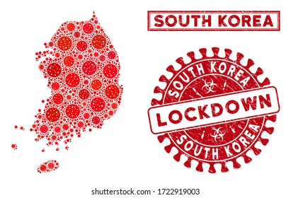 Flu virus collage South Korea map and watermarks. Red round lockdown scratched seal stamp. Vector coronavirus infection parts are arranged into collage South Korea map. Vector collage for lockdown,
