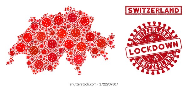 Flu virus collage Switzerland map and stamps. Red round lockdown textured stamp. Vector coronavirus infection parts are combined into collage Switzerland map. Vector collage for epidemic,