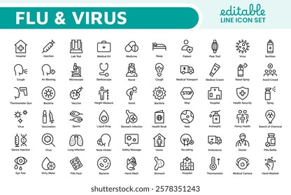 Flu and Virus Icon Set. An essential collection of icons designed to promote health awareness, perfect for enhancing medical materials, educational content, and public health campaigns.